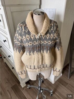 Vintage POV Point of View Nordstrom L Wool Cream & Brown Chunky Zip Cardigan